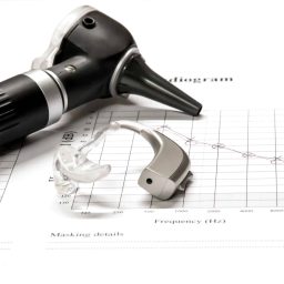 Otoscope and behind the ear hearing aid being displayed on an audiogram