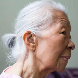 a woman shows off her ear and hearing aid
