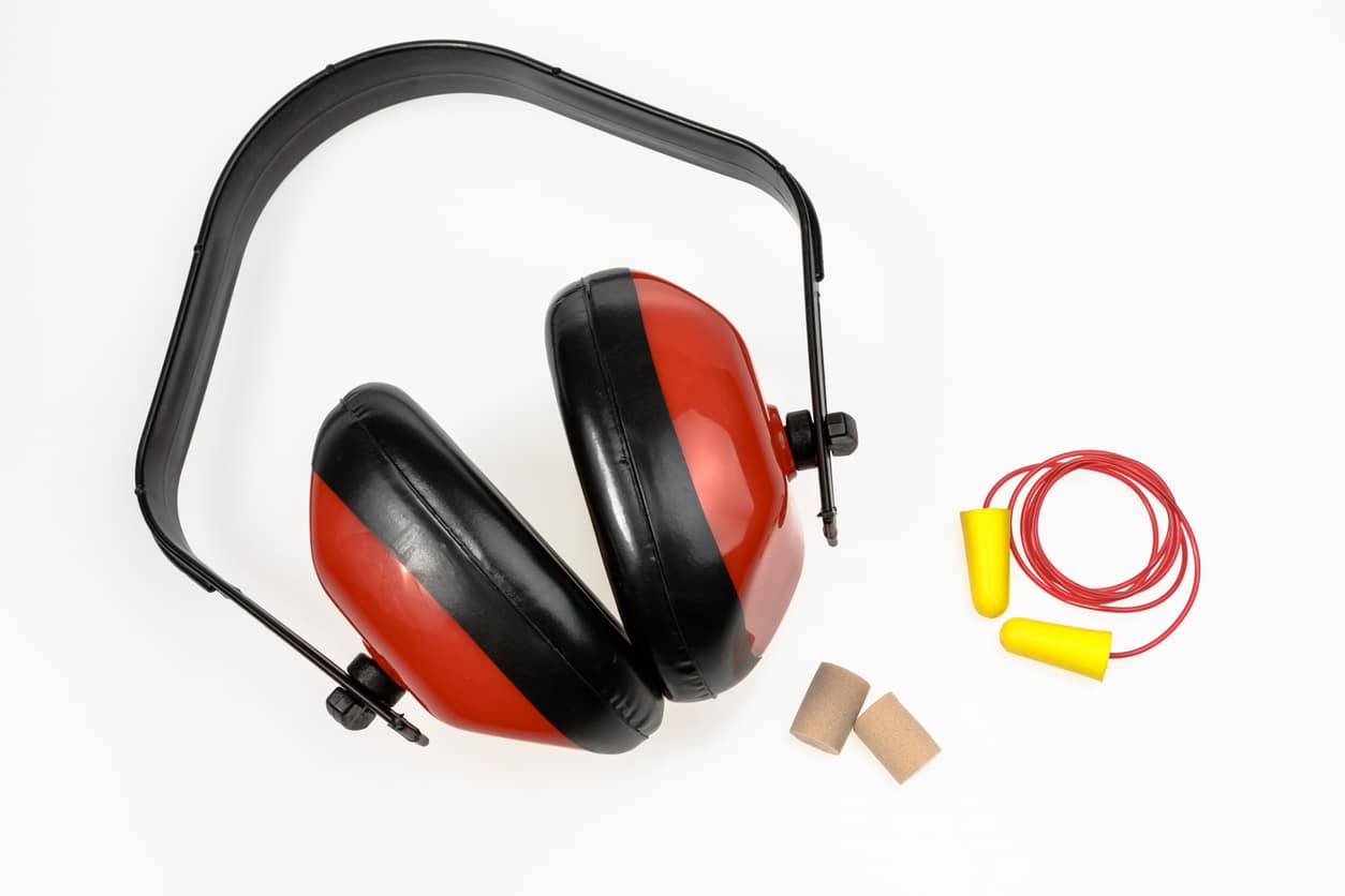 Earplugs and earmuffs for hearing protection.