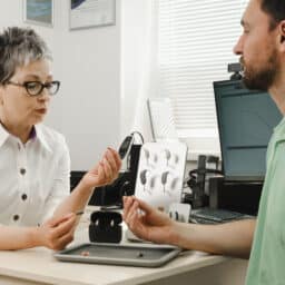 Audiologist discusses hearing aid care with patient